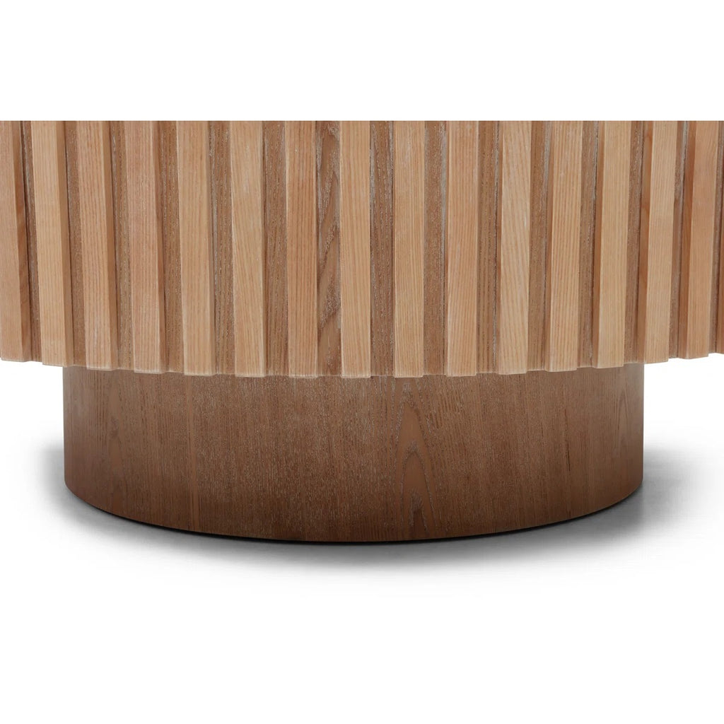 35.4" Round Coffee Table, Modern Wood Fluted Drum Coffee Table, Handcrafted Circle Design, Easy Assembly, Oak For Living Room