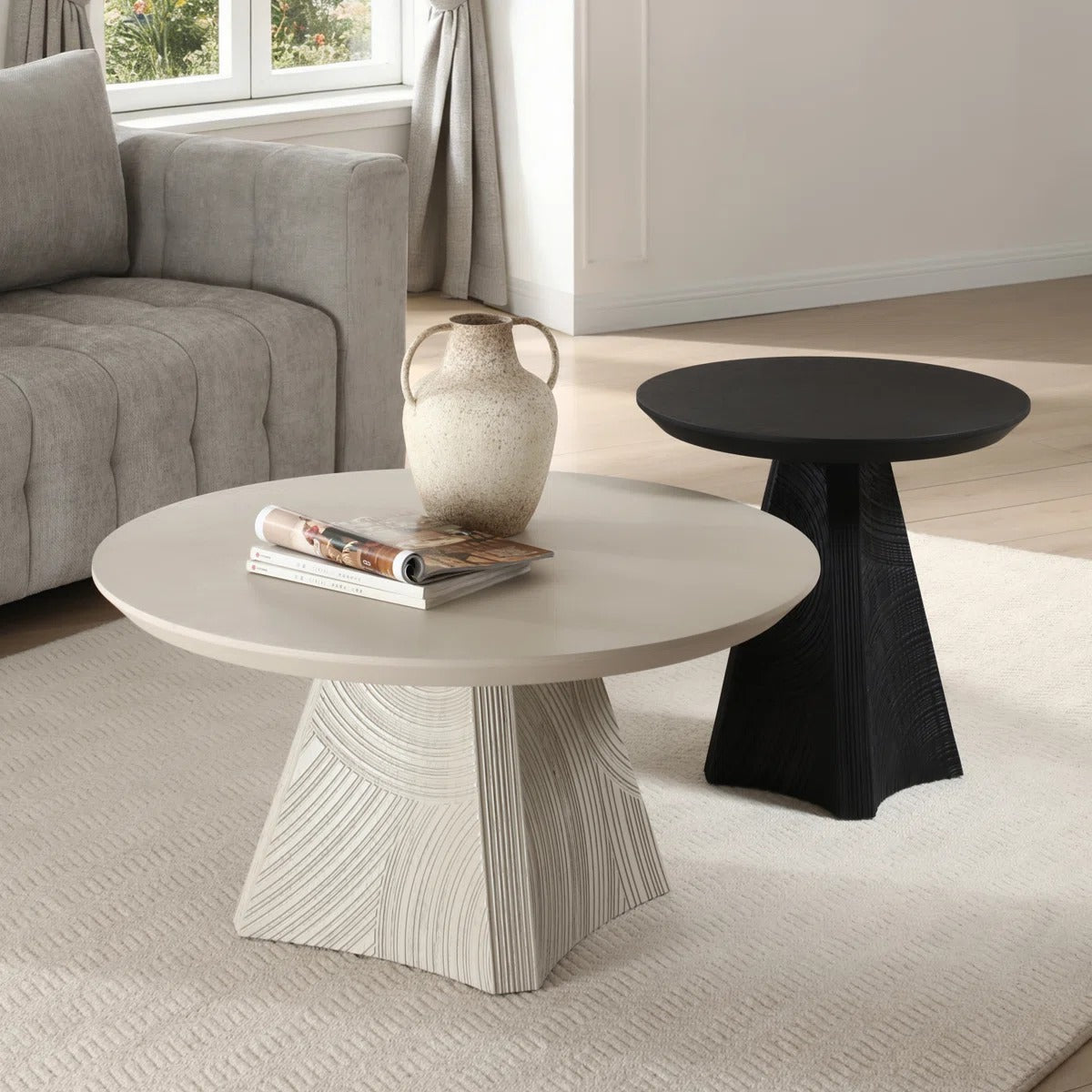 35.4" Round White Oak Coffee Table With Carved Triangular Legs