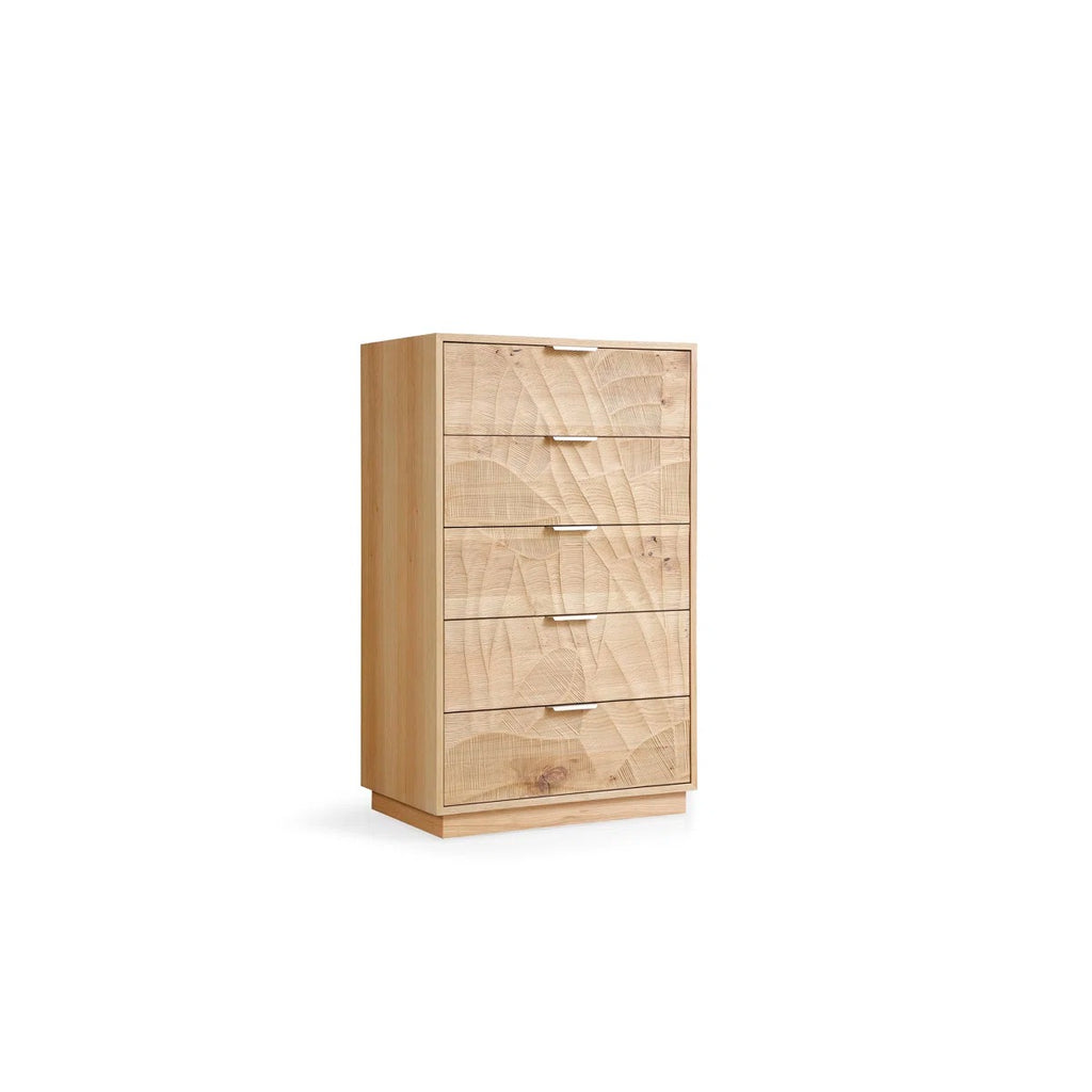 Tall Rustic Solid Wood 5-Drawer Chest With Hand-Carved Doors & Stainless Steel Handles
