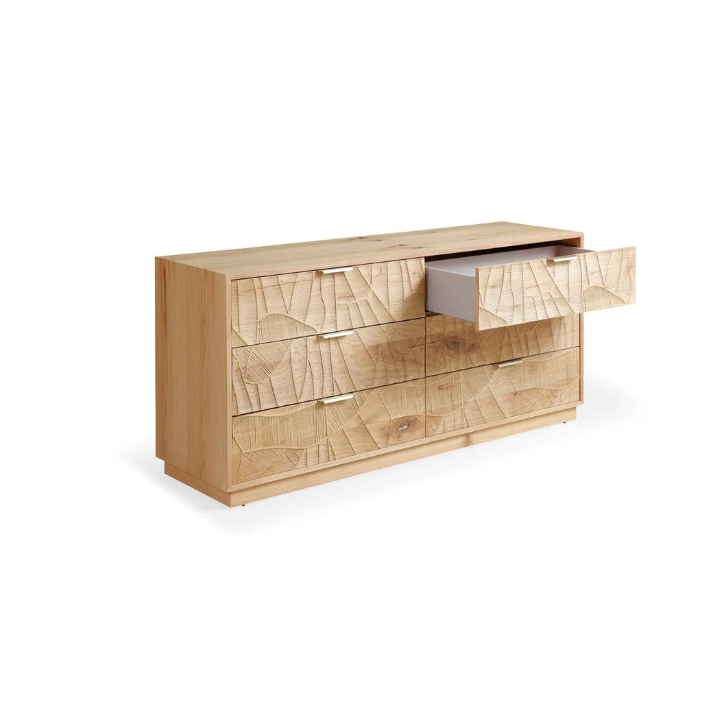 66" Wide Rustic Solid Wood 6-Drawer Double Dresser With Hand-Carved Doors & Stainless Steel Handles