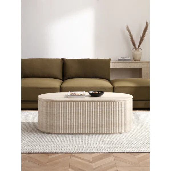 Mackenzie Modern Oval Travertine Coffee Table With Fluted Ribbed Sides - Faux Marble Beige Stone Top, Textured Sculptural Base, Minimalist Living Room Center Table