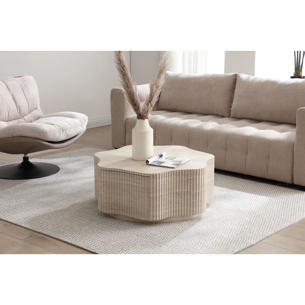 Modern Petal Flower Shape Coffee Table With Hidden Drawer, Faux Marble Beige Stone Top& Fluted Textured Sides, Beige Stone-look Center Table For Living Room