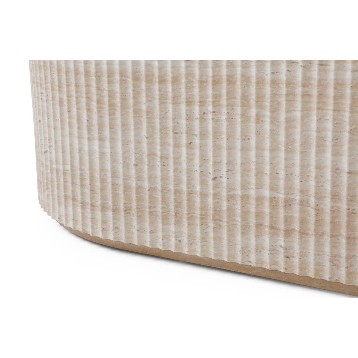 Mackenzie Modern Oval Travertine Coffee Table With Fluted Ribbed Sides - Faux Marble Beige Stone Top, Textured Sculptural Base, Minimalist Living Room Center Table