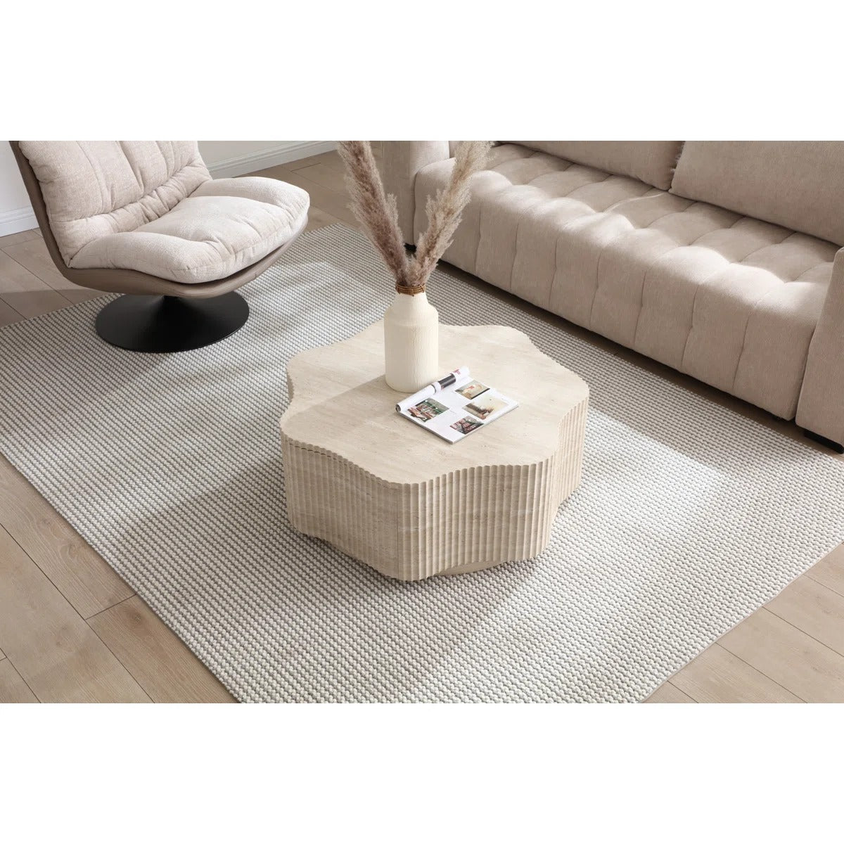 Modern Petal Flower Shape Coffee Table With Hidden Drawer, Faux Marble Beige Stone Top& Fluted Textured Sides, Beige Stone-look Center Table For Living Room