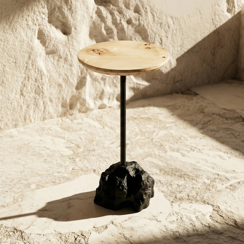 Round Wood Top Drink Table With Stone-shaped Base - Lightweight, Portable Side Table
