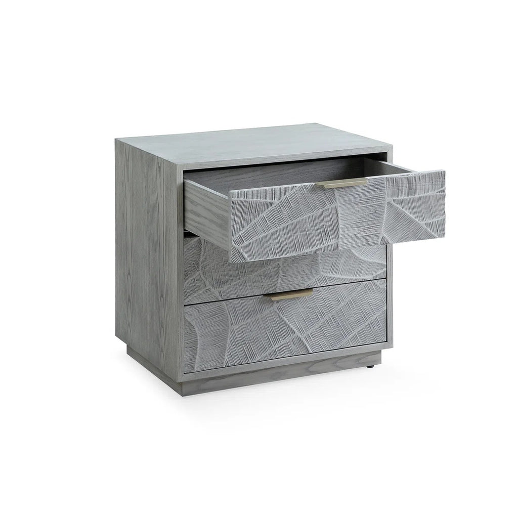 Rustic Solid Wood 3-Drawer Nightstand With Hand-Carved Door & Stainless Steel Handles