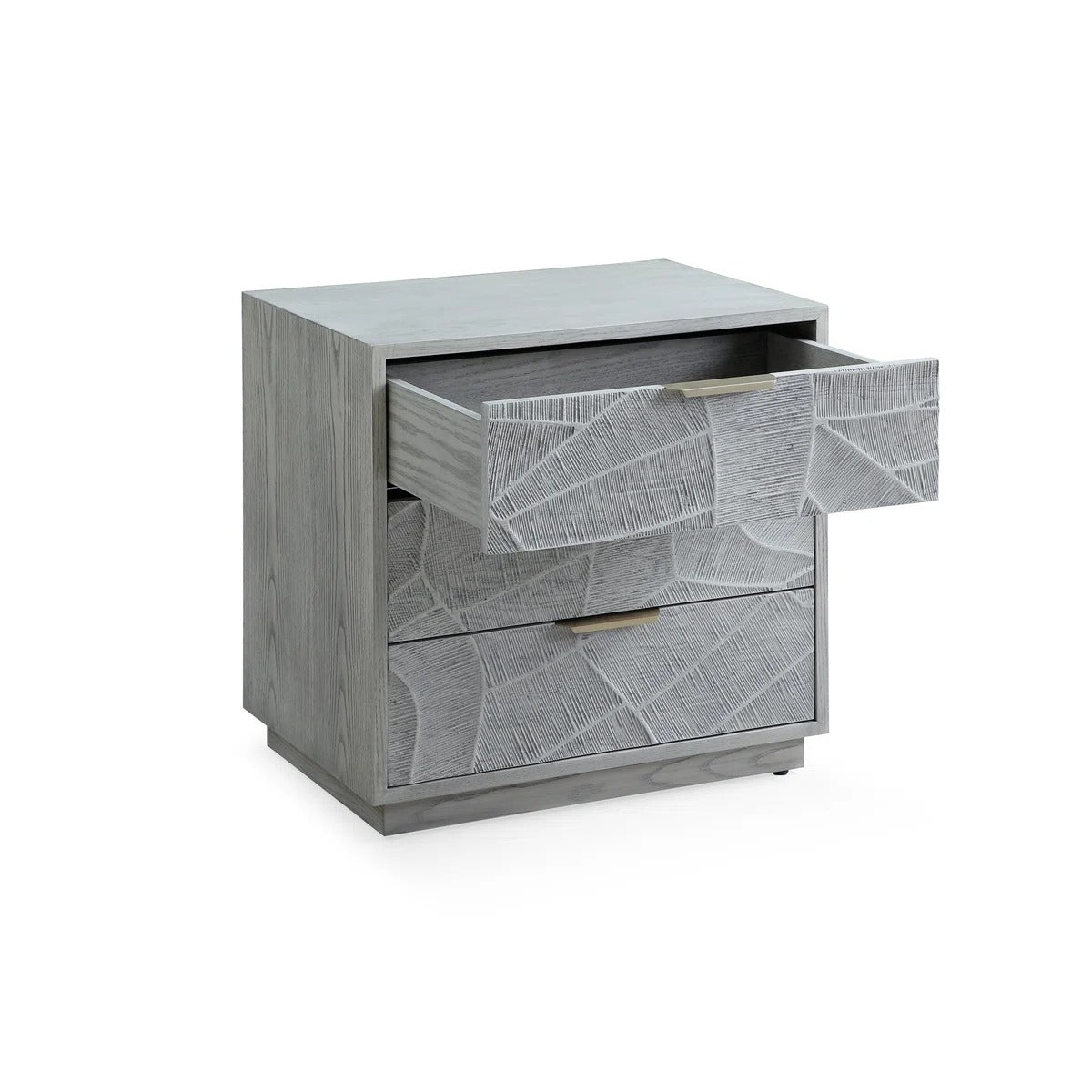 Rustic Solid Wood 3-Drawer Nightstand With Hand-Carved Door & Stainless Steel Handles