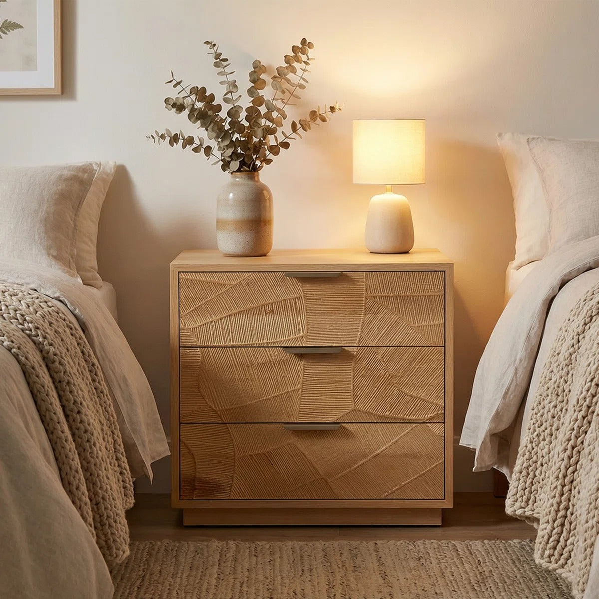 Rustic Solid Wood 3-Drawer Nightstand With Hand-Carved Door & Stainless Steel Handles