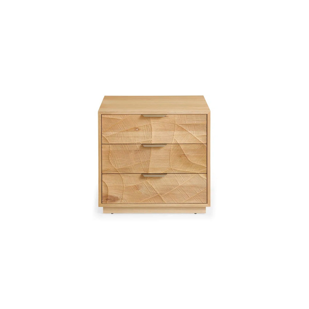 Rustic Solid Wood 3-Drawer Nightstand With Hand-Carved Door & Stainless Steel Handles