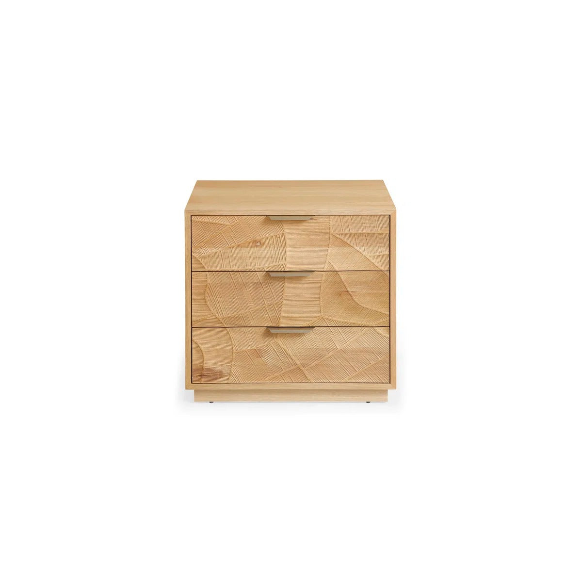 Rustic Solid Wood 3-Drawer Nightstand With Hand-Carved Door & Stainless Steel Handles