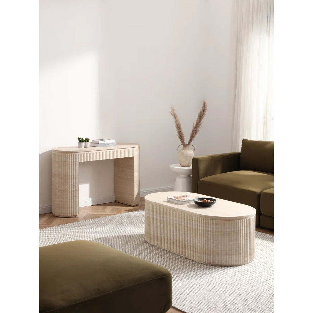 Mackenzie Modern Fluted Console Table, Oval Travertine Look Entryway Sofa Table With Ribbed Textured Sides, Faux Marble Veneer Top, Mdf Entry Hallway Accent Furniture, Beige