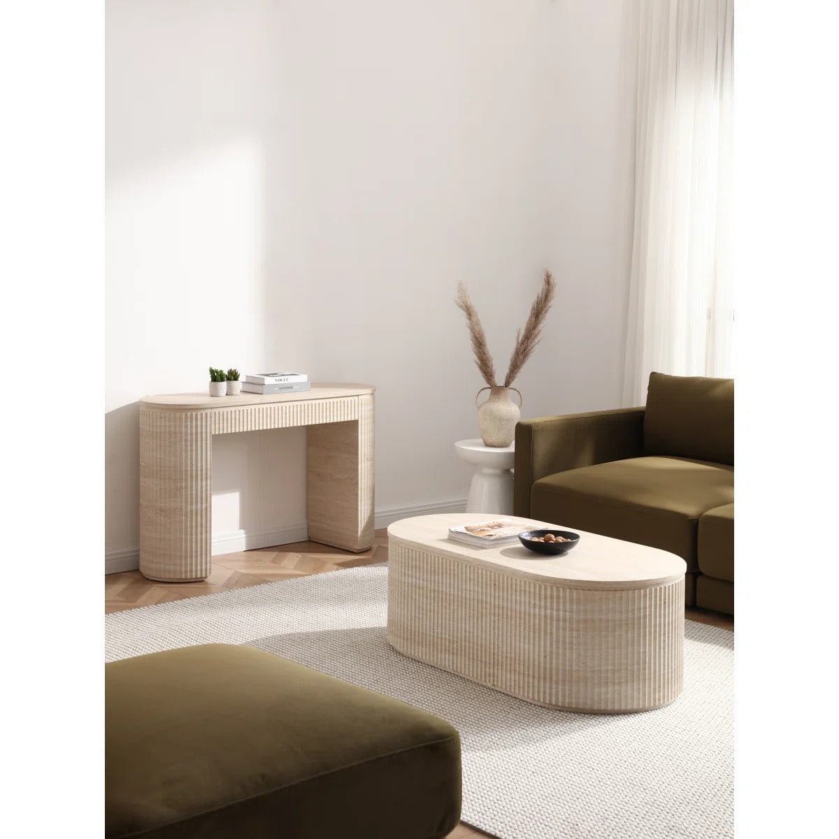 Mackenzie Modern Fluted Console Table, Oval Travertine Look Entryway Sofa Table With Ribbed Textured Sides, Faux Marble Veneer Top, Mdf Entry Hallway Accent Furniture, Beige