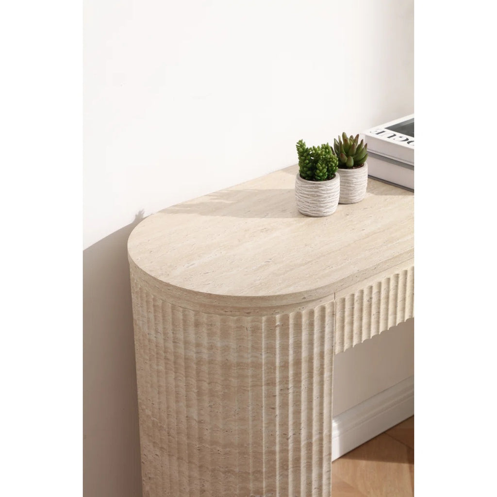 Mackenzie Modern Fluted Console Table, Oval Travertine Look Entryway Sofa Table With Ribbed Textured Sides, Faux Marble Veneer Top, Mdf Entry Hallway Accent Furniture, Beige