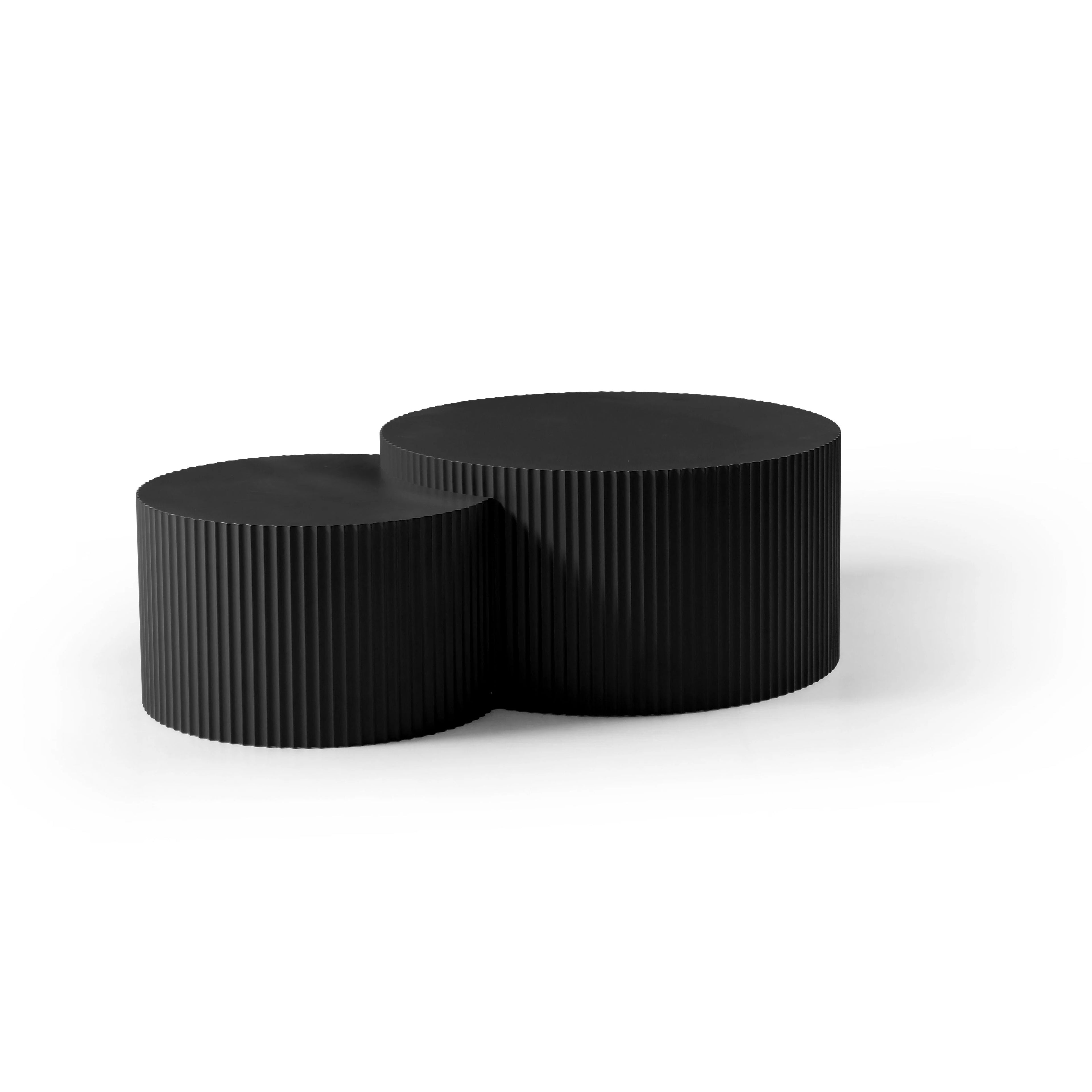 Nesting Coffee Tables Set Of 2, Black Round Modern Fluted Wooden Drum Accent Tables, 23.6", No Assembly Required For Living Room