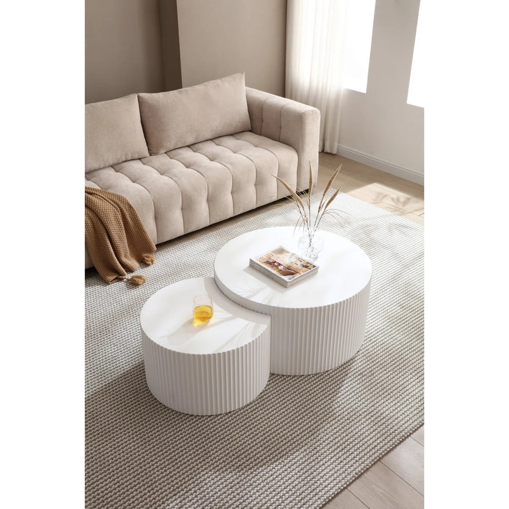 Round Nesting Coffee Tables Set Of 2, Modern White Fluted Drum Accent Tables, Stripe Cream Side Tables For Living Room