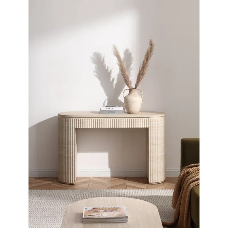 Mackenzie Modern Fluted Console Table, Oval Travertine Look Entryway Sofa Table With Ribbed Textured Sides, Faux Marble Veneer Top, Mdf Entry Hallway Accent Furniture, Beige