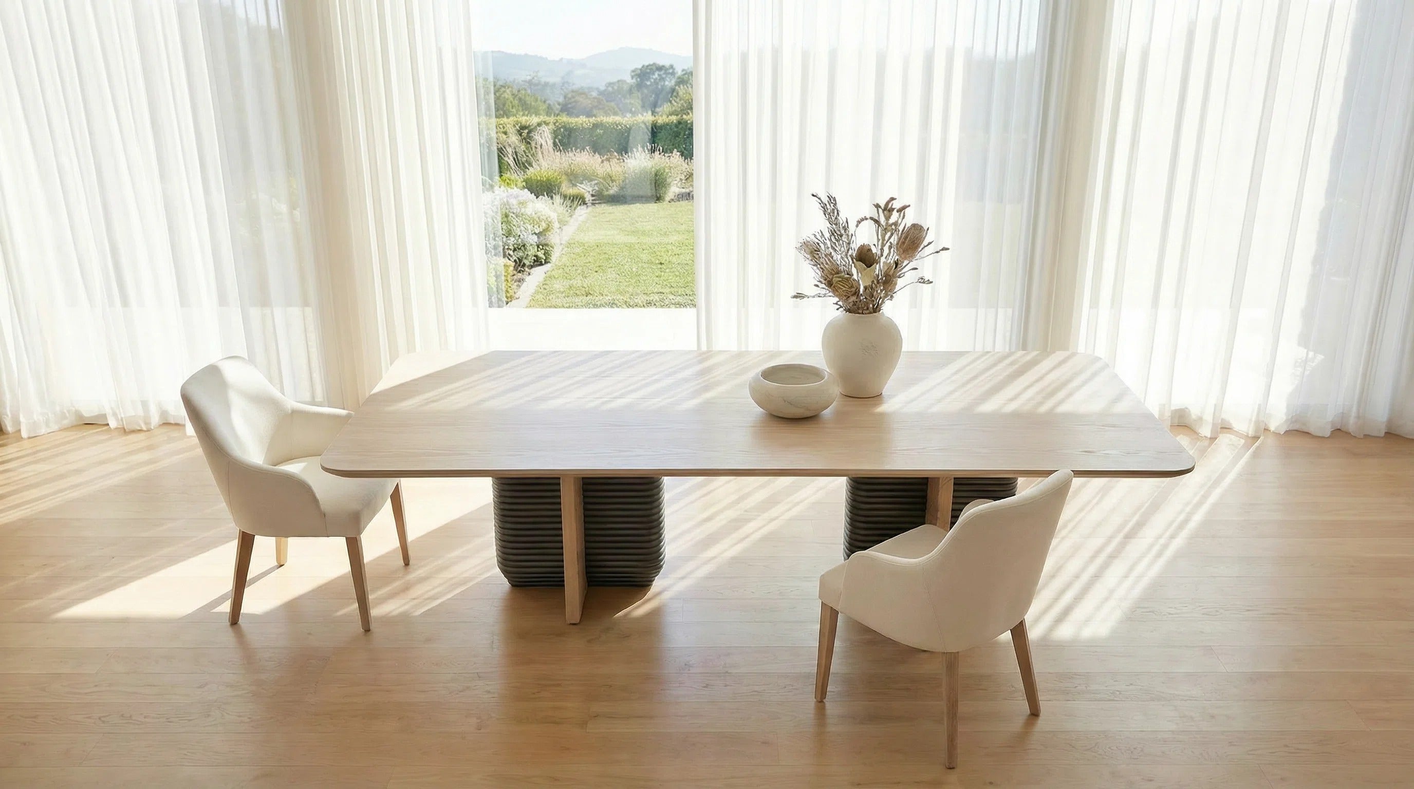 78-inch Oak Veneer Dining Table For 8 With Natural Knot Detailing, Rounded Corners & Sculptural Wooden Legs