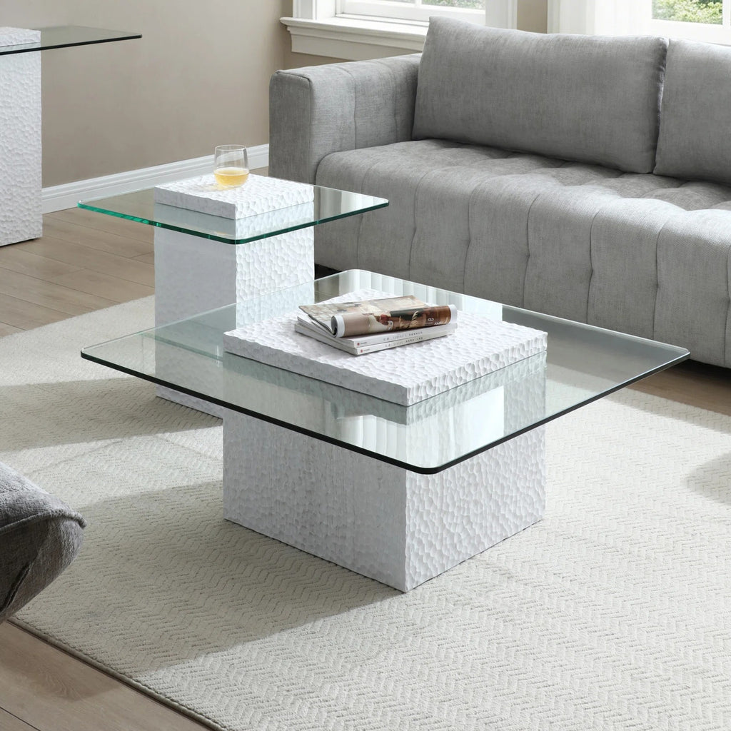 Heaton Modern White Textured Cube Coffee Table With Tempered Glass Top, Square Accent Table For Living Room, Contemporary Center Table, Sturdy & Easy To Clean