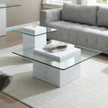 Heaton Modern White Textured Cube Coffee Table With Tempered Glass Top, Square Accent Table For Living Room, Contemporary Center Table, Sturdy & Easy To Clean