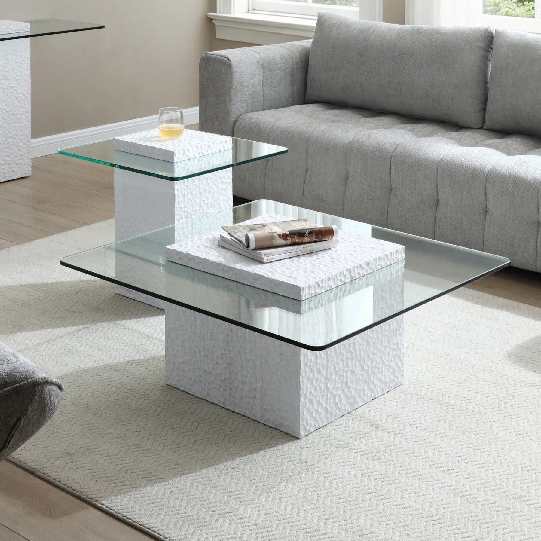 Heaton Modern White Textured Cube Coffee Table With Tempered Glass Top, Square Accent Table For Living Room, Contemporary Center Table, Sturdy & Easy To Clean
