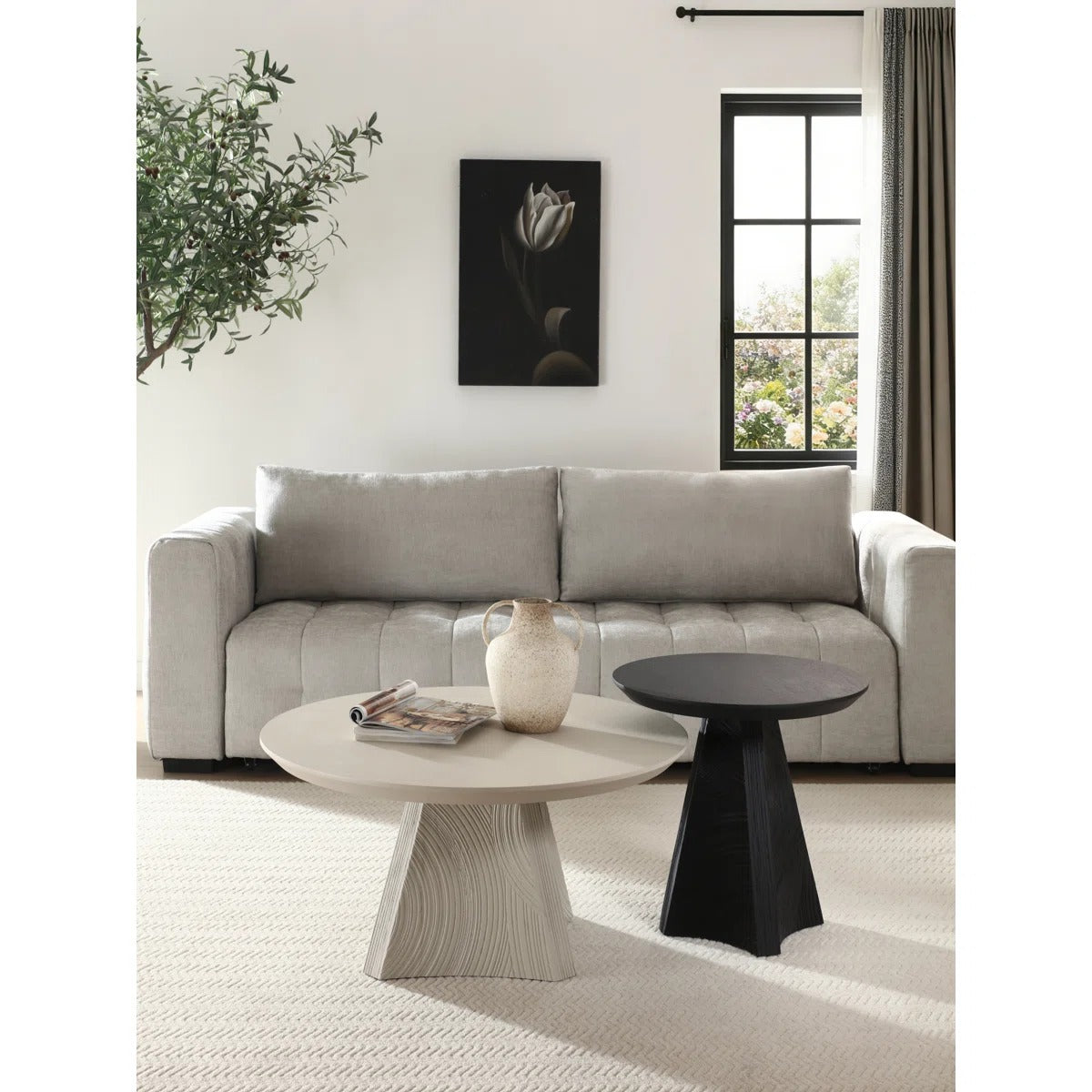 35.4" Round White Oak Coffee Table With Carved Triangular Legs