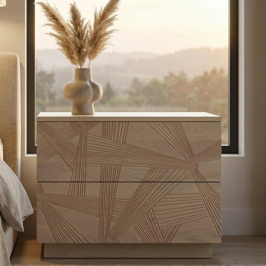 Modern Solid Oak Nightstand With 3d Carved Door & Double Drawers - Fully Assembled Bedside Table