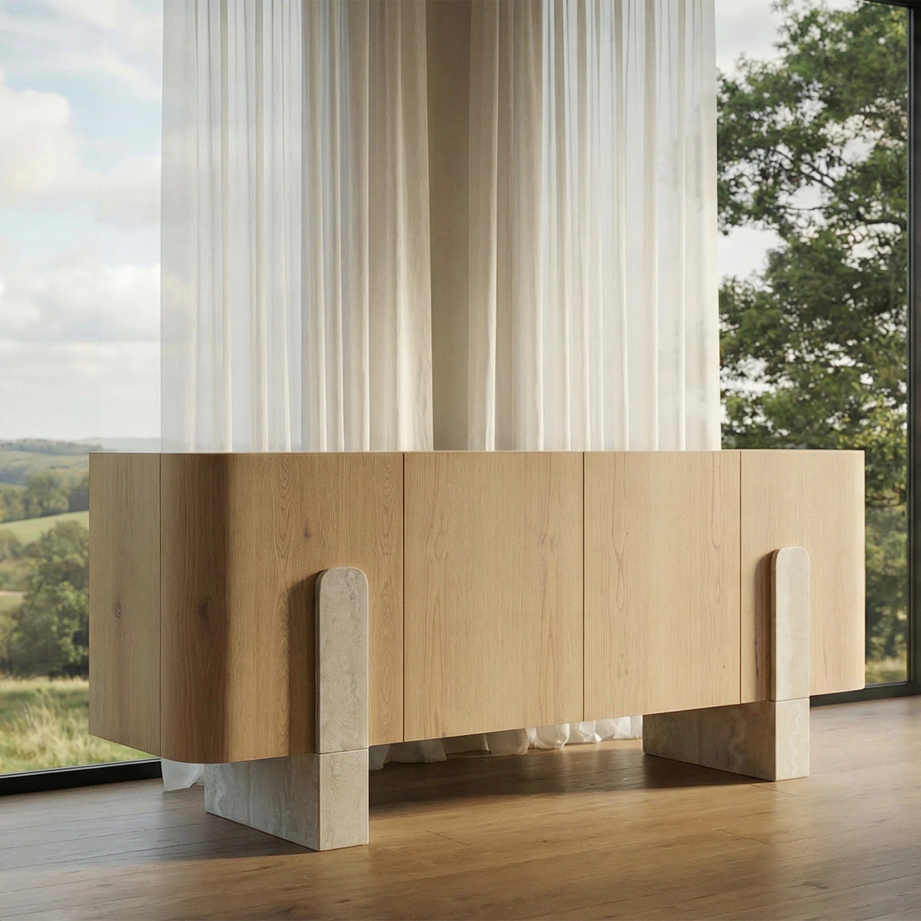 Modern Light Oak Veneer Sideboard Buffet With Faux Marble Legs - 78"