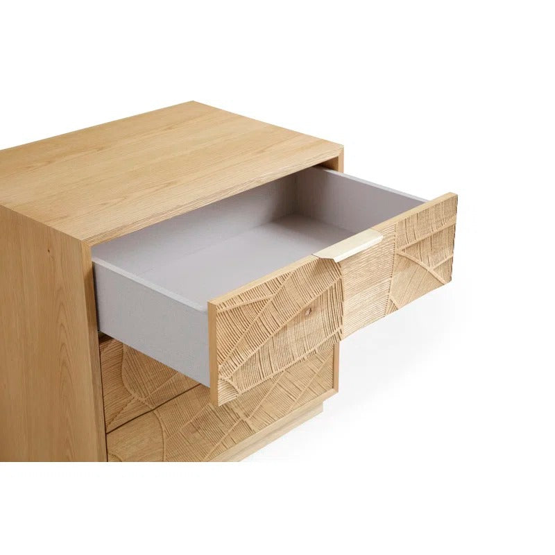 Rustic Solid Wood 3-Drawer Nightstand With Hand-Carved Door & Stainless Steel Handles