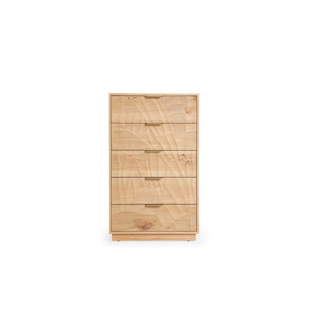 Tall Rustic Solid Wood 5-Drawer Chest With Hand-Carved Doors & Stainless Steel Handles