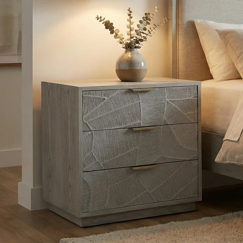 Rustic Solid Wood 3-Drawer Nightstand With Hand-Carved Door & Stainless Steel Handles