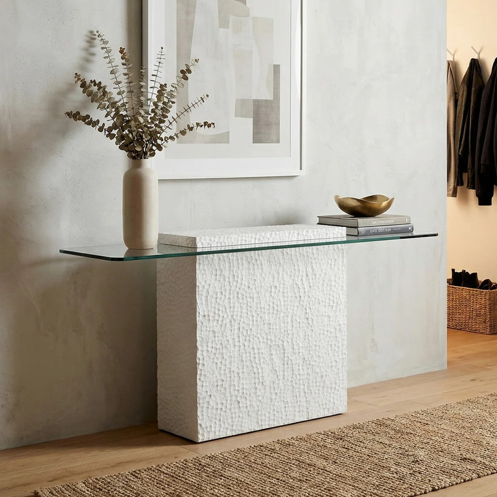 Heaton Modern Glass Top Console Table With Sculpted White Pedestal Base – Contemporary Accent Table For Living Room, Entryway, Or Office