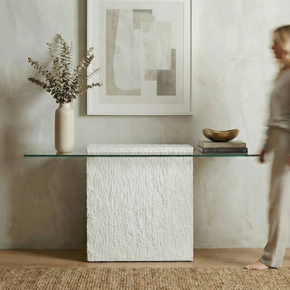 Heaton Modern Glass Top Console Table With Sculpted White Pedestal Base – Contemporary Accent Table For Living Room, Entryway, Or Office