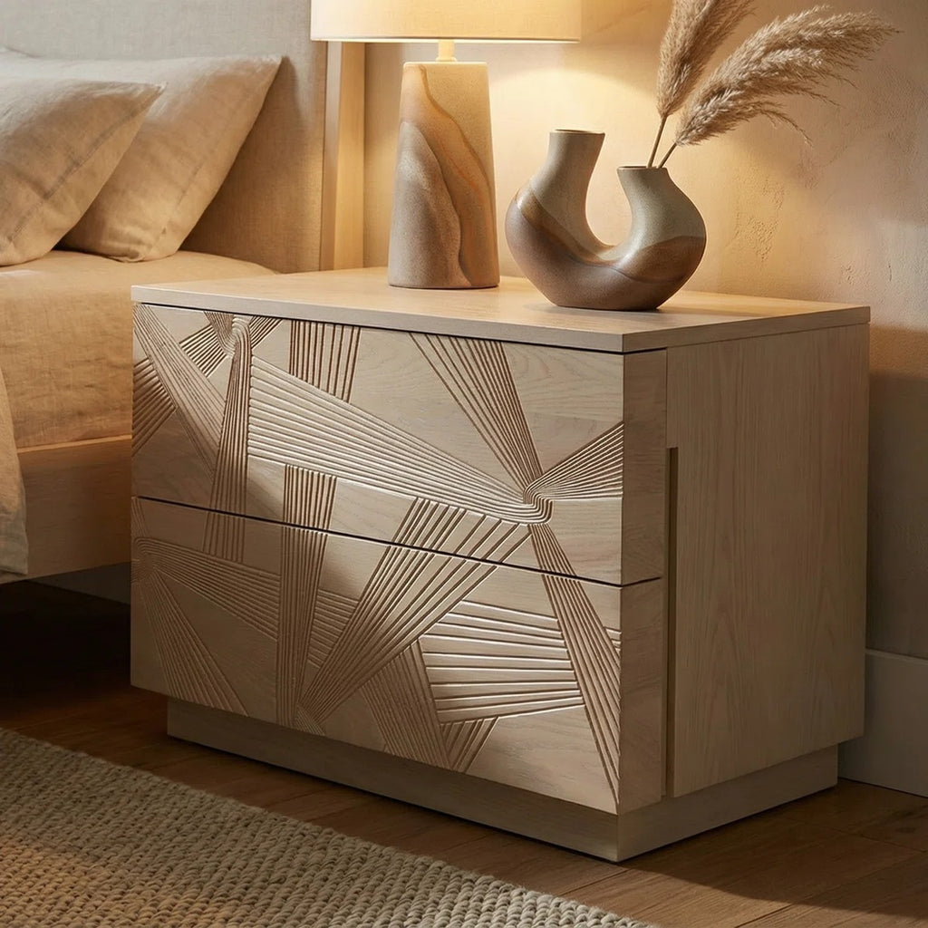 Modern Solid Oak Nightstand With 3d Carved Door & Double Drawers - Fully Assembled Bedside Table