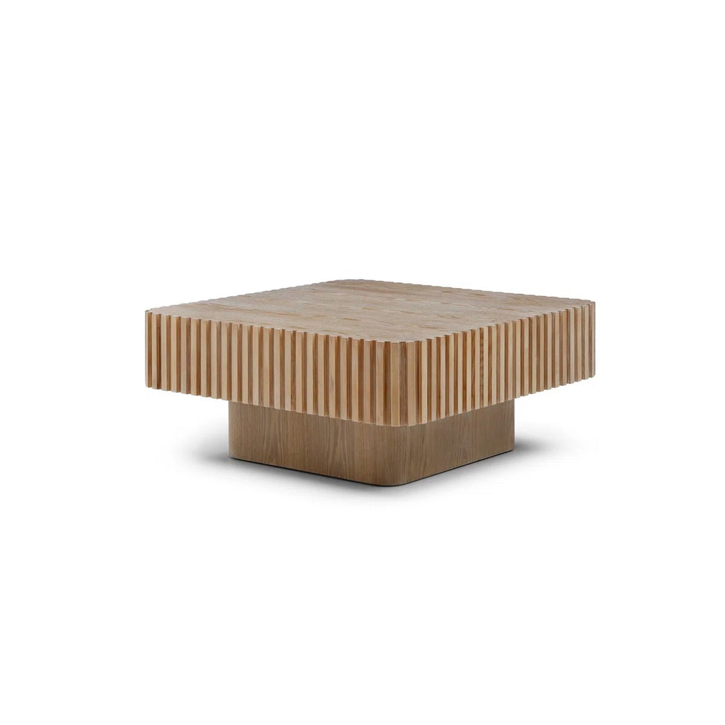 Square Wood Coffee Table, Modern Fluted Drum Center Table, Handcrafted Wooden Cocktail Table For Small Spaces, Easy Assembly, Walnut, 35.43" W X 15.75" H