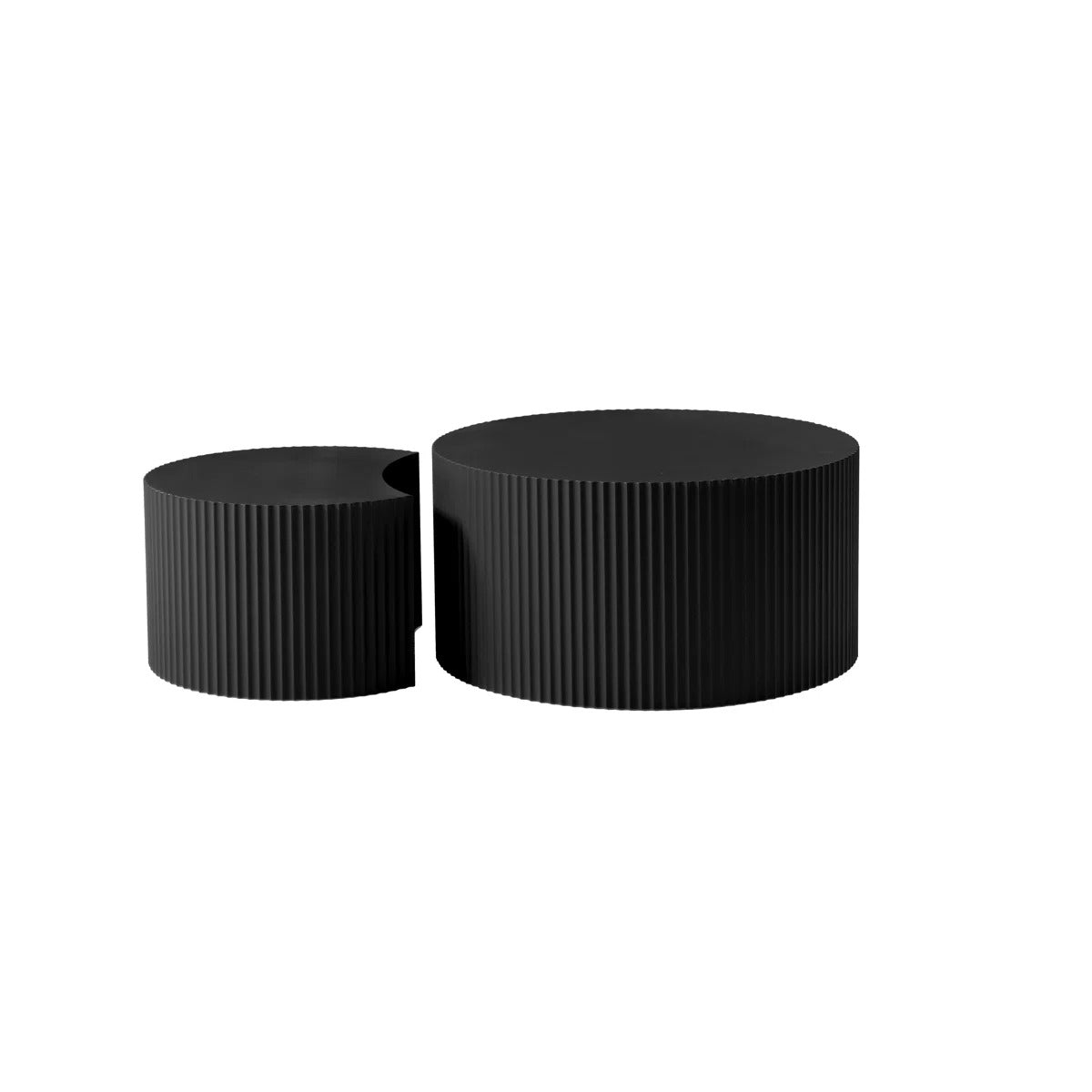 Nesting Coffee Tables Set Of 2, Black Round Modern Fluted Wooden Drum Accent Tables, 23.6", No Assembly Required For Living Room