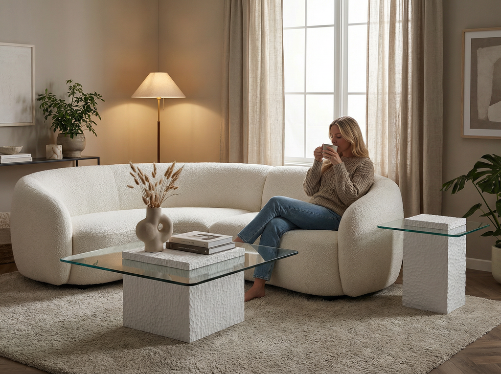 Heaton Modern White Textured Cube Coffee Table With Tempered Glass Top, Square Accent Table For Living Room, Contemporary Center Table, Sturdy & Easy To Clean