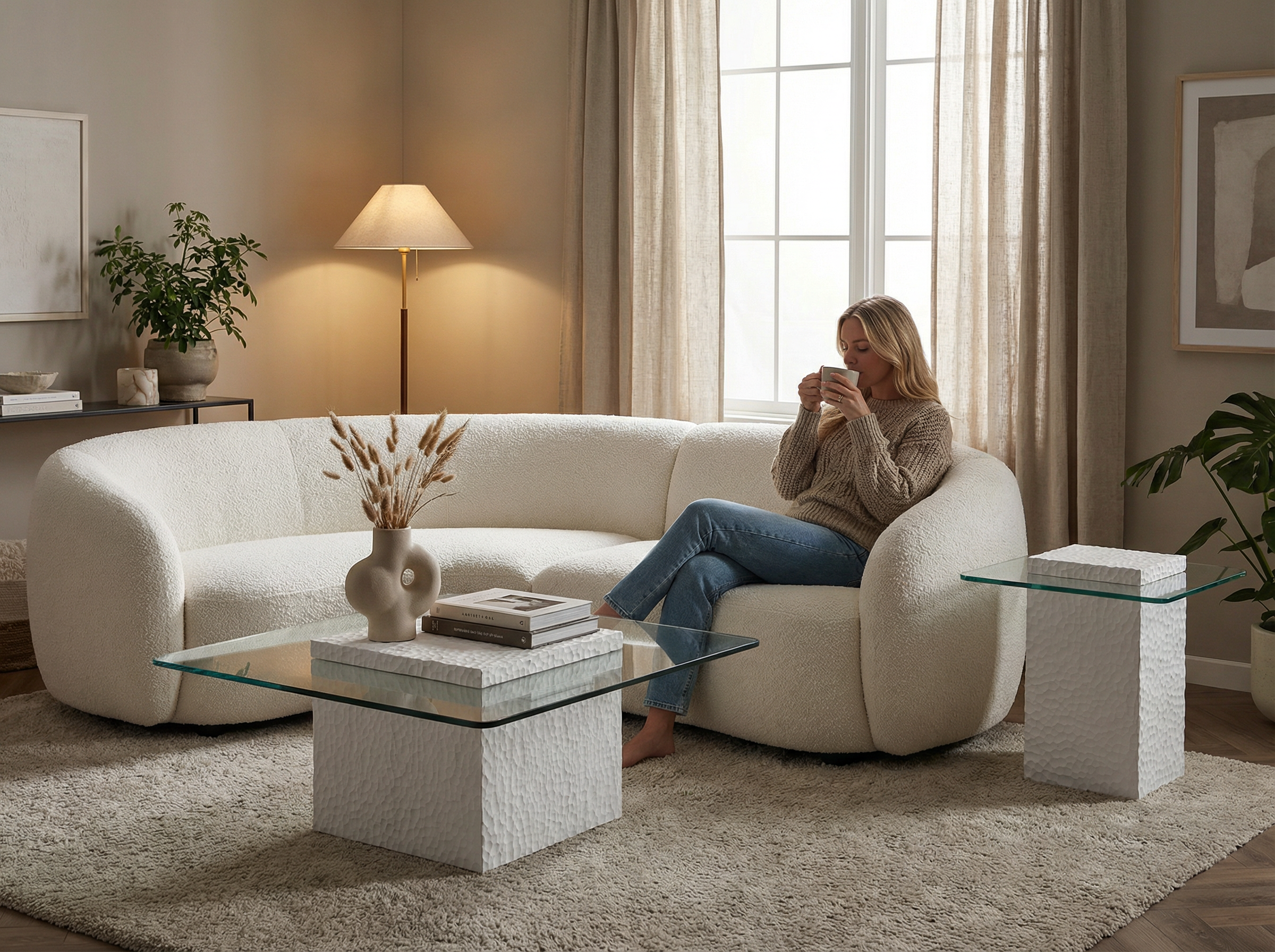 Heaton Modern White Textured Cube Coffee Table With Tempered Glass Top, Square Accent Table For Living Room, Contemporary Center Table, Sturdy & Easy To Clean