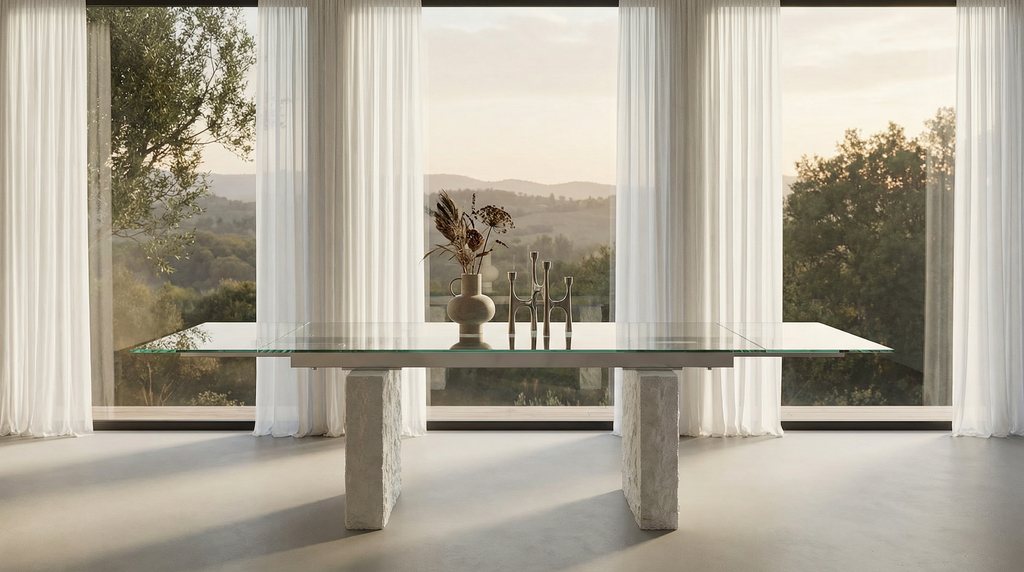 118-Inch Rectangular Glass Dining Table With White Concrete-Look Legs