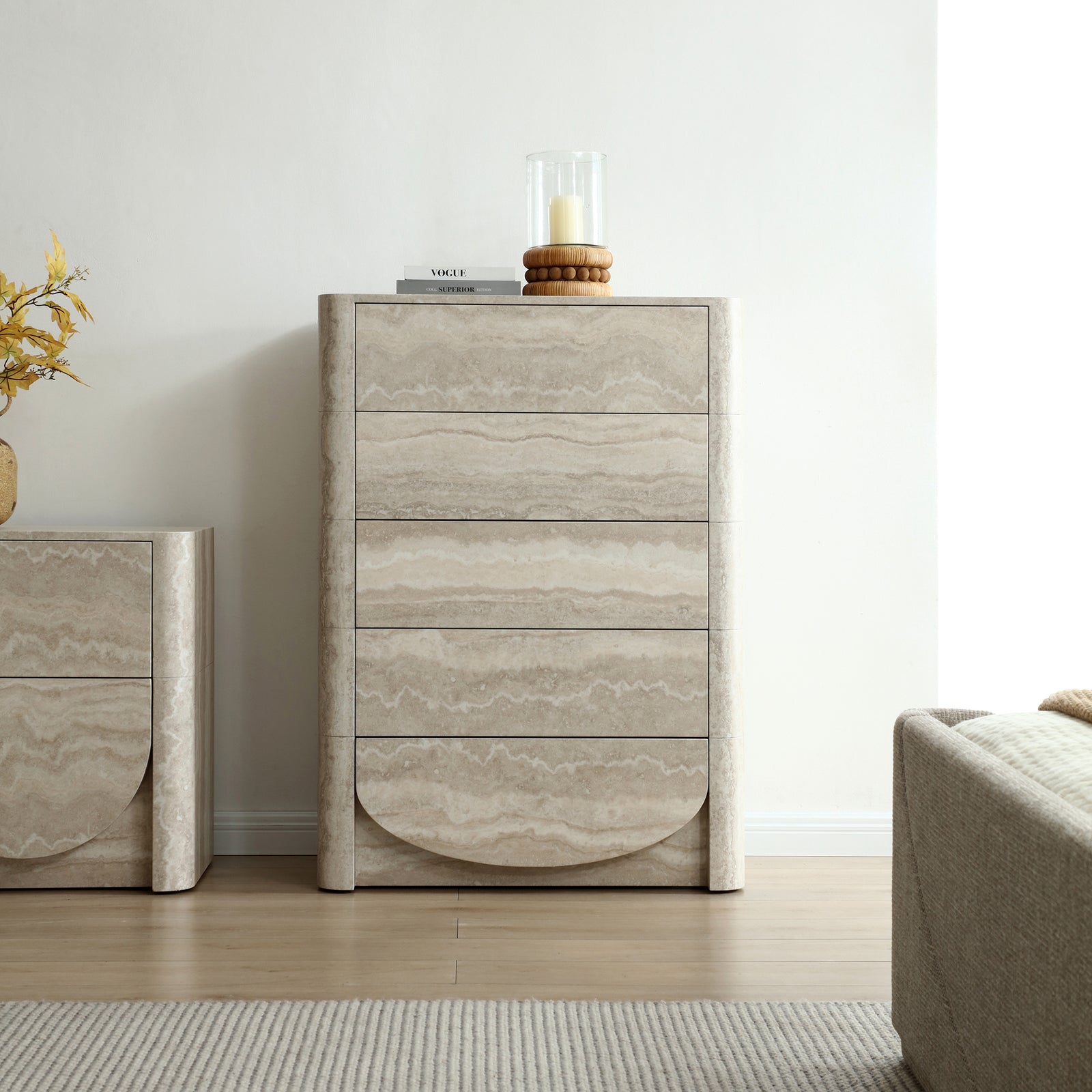 Elovane Scalloped Travertine Tall Chest