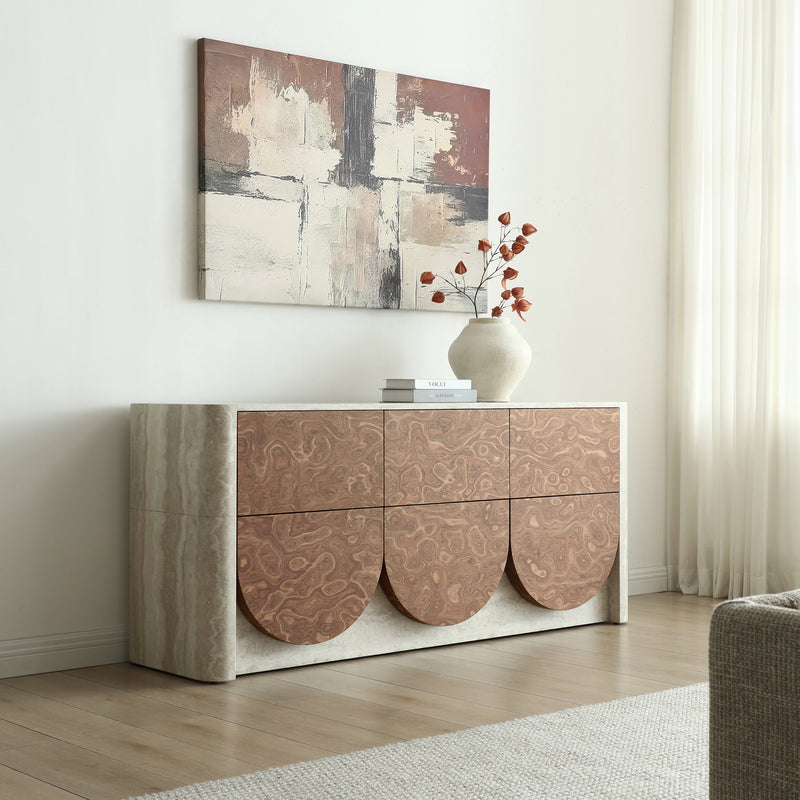 Elira Scalloped Travertine & Walnut 6-Drawer Dresser
