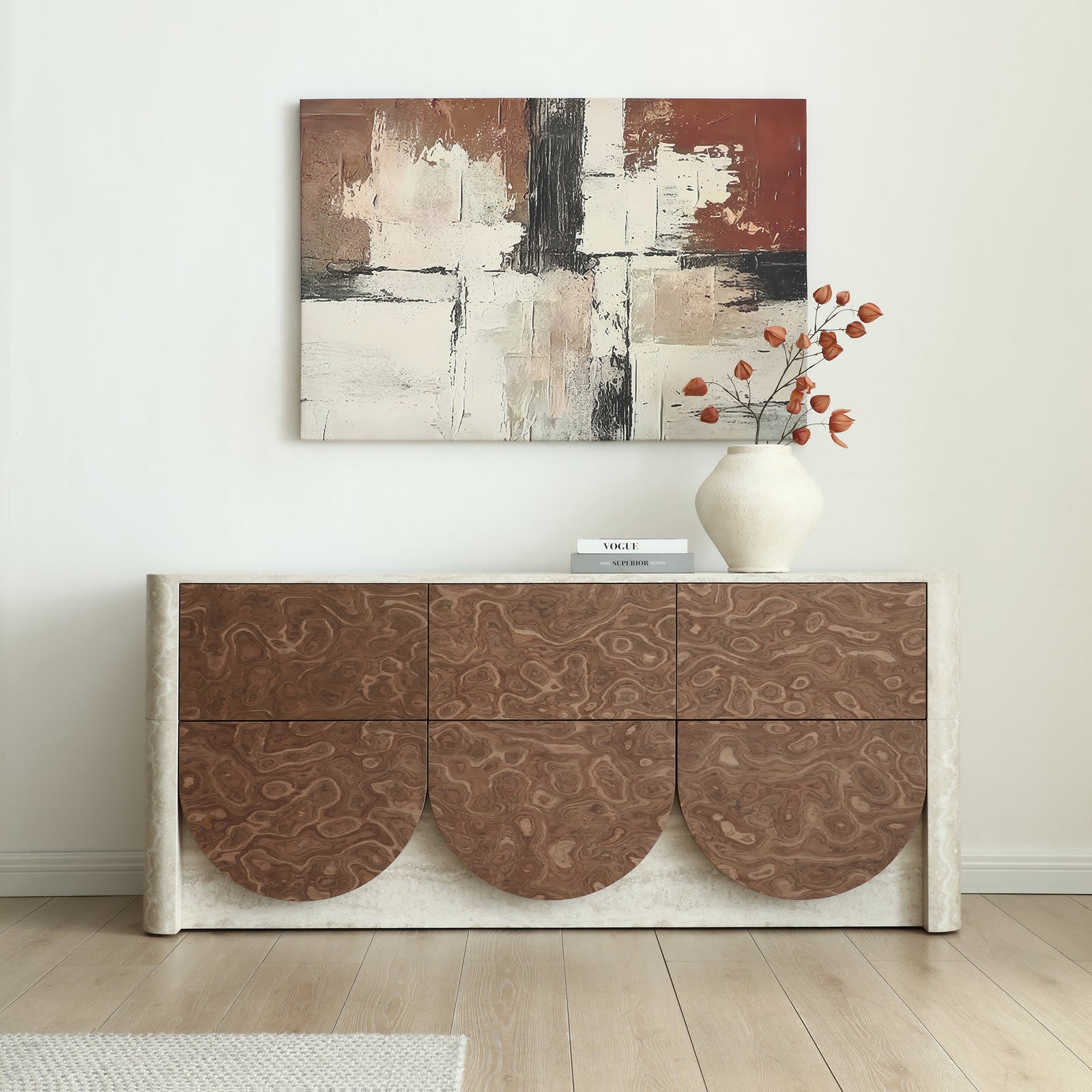 Elira Scalloped Travertine & Walnut 6-Drawer Dresser