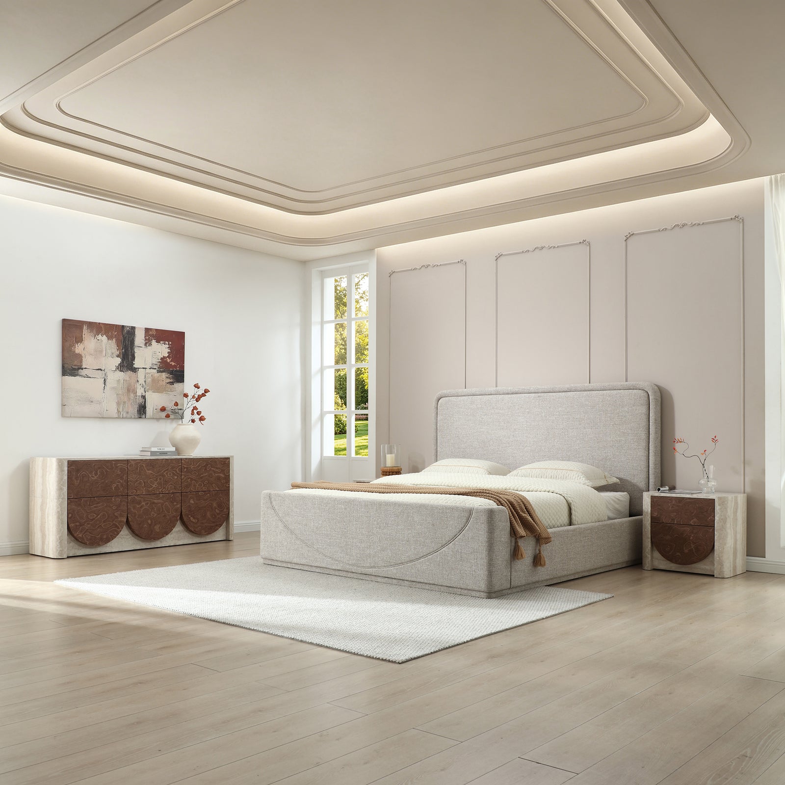 Elira Scalloped Travertine & Walnut 6-Drawer Dresser