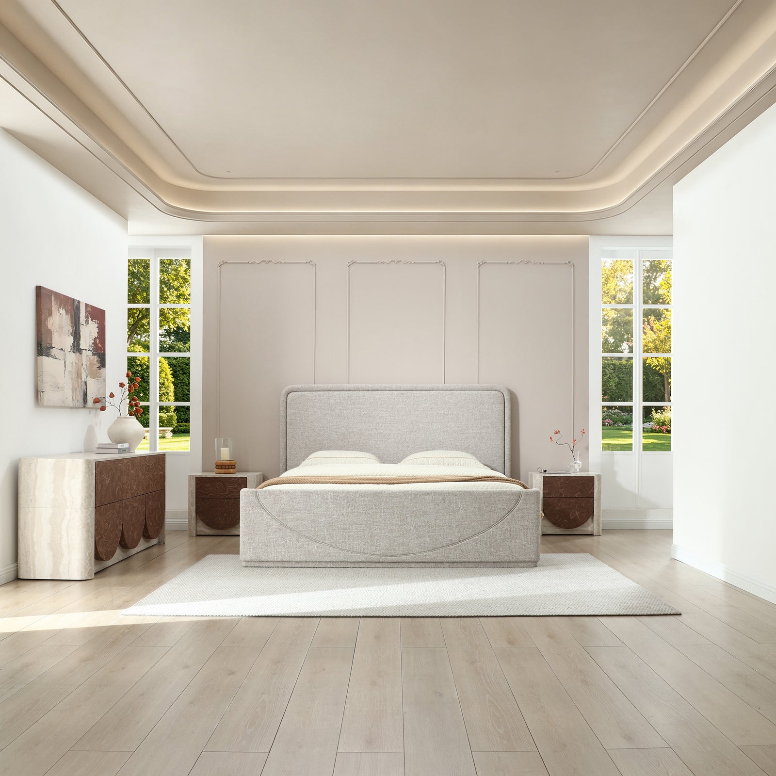 Elira Scalloped Travertine & Walnut 6-Drawer Dresser