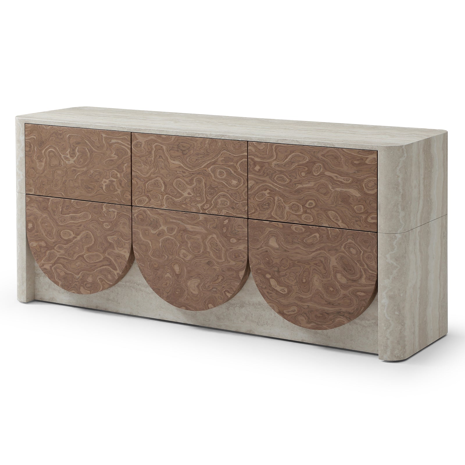 Elira Scalloped Travertine & Walnut 6-Drawer Dresser