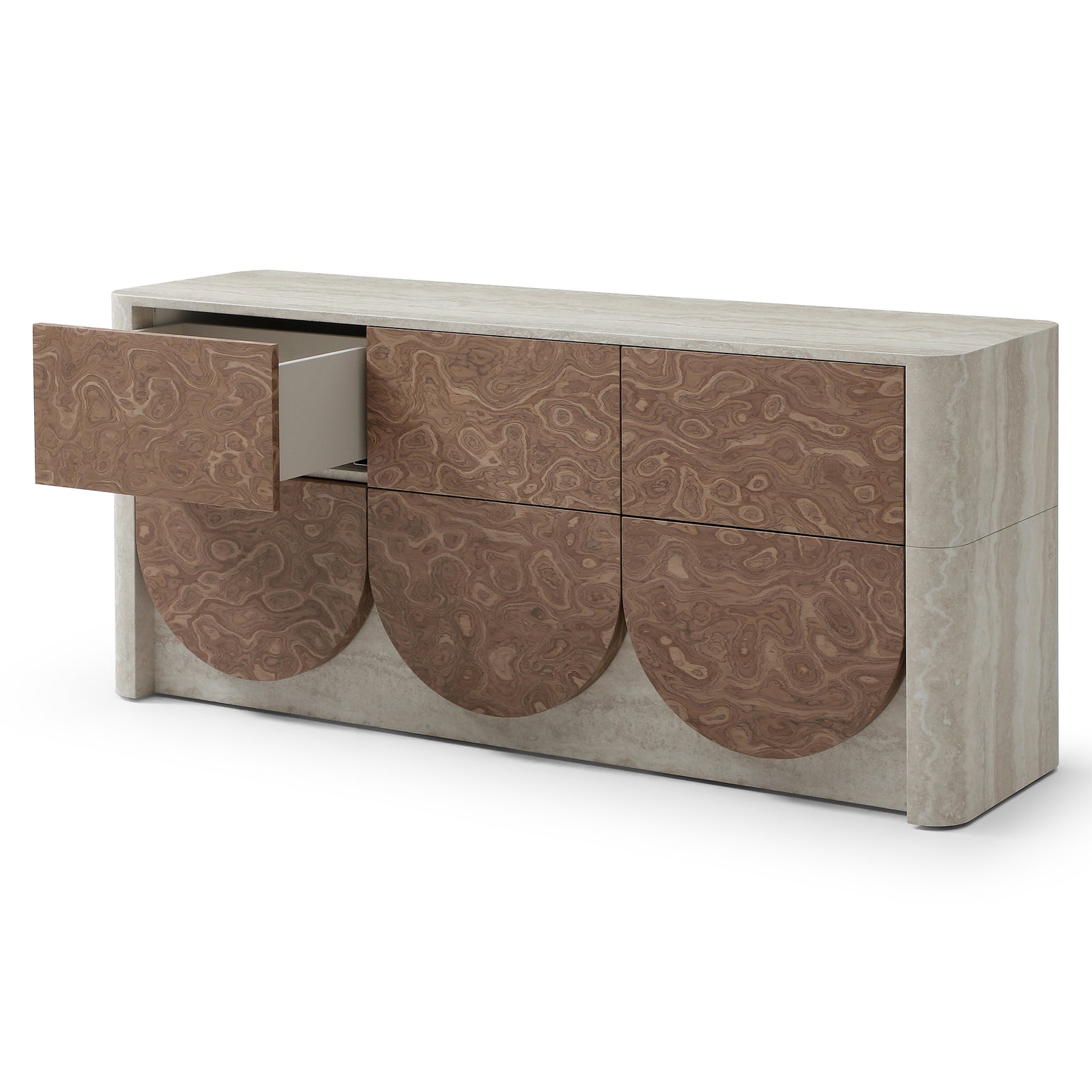 Elira Scalloped Travertine & Walnut 6-Drawer Dresser