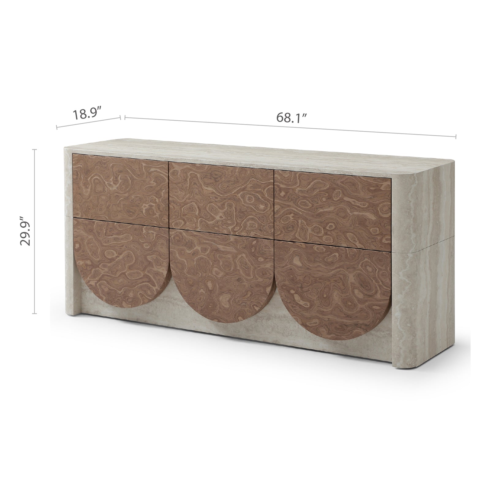 Elira Scalloped Travertine & Walnut 6-Drawer Dresser