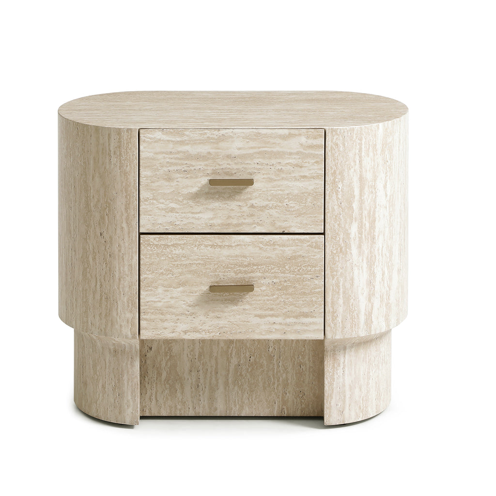 Modern Curved Travertine Nightstand with 2 Drawers, Beige Marble-Look Veneer Bedside Table