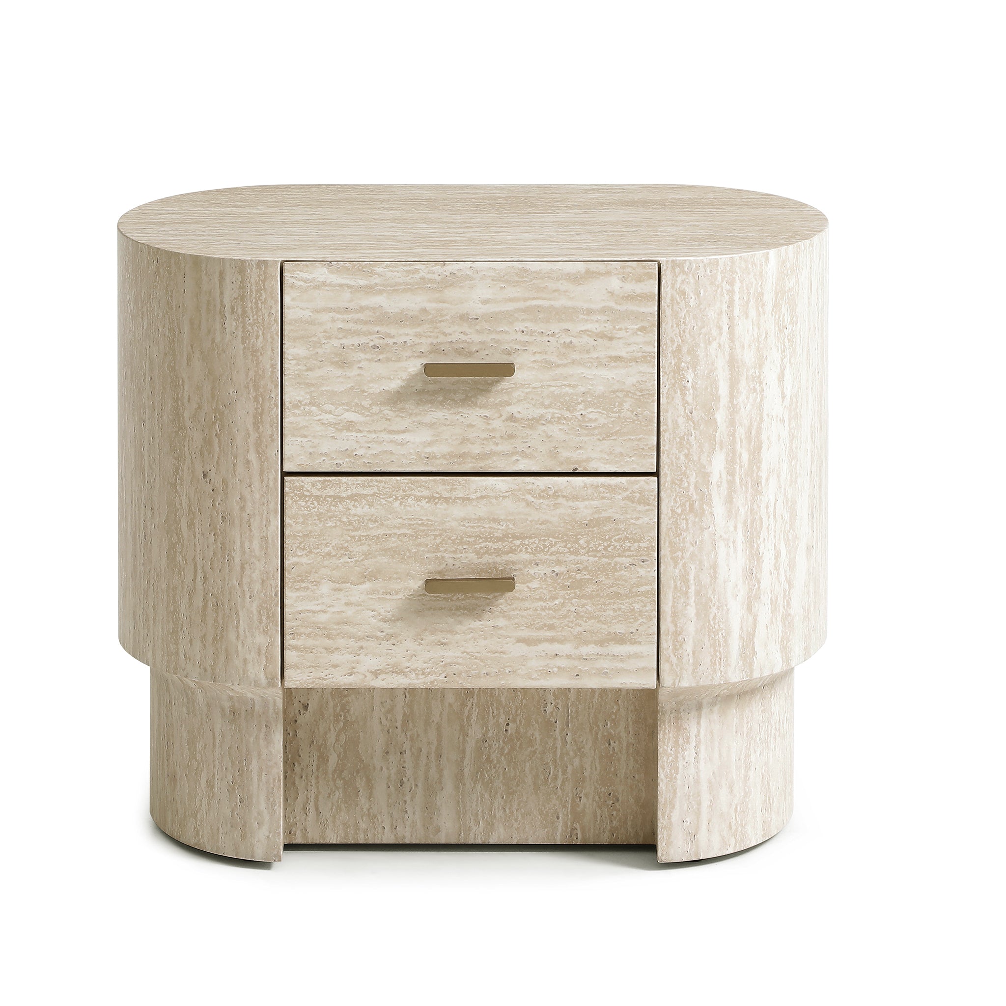 Modern Curved Travertine Nightstand with 2 Drawers, Beige Marble-Look Veneer Bedside Table