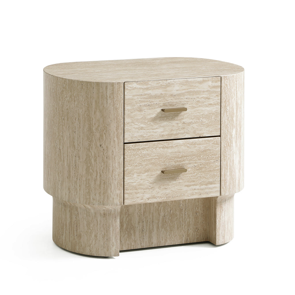 Modern Curved Travertine Nightstand with 2 Drawers, Beige Marble-Look Veneer Bedside Table