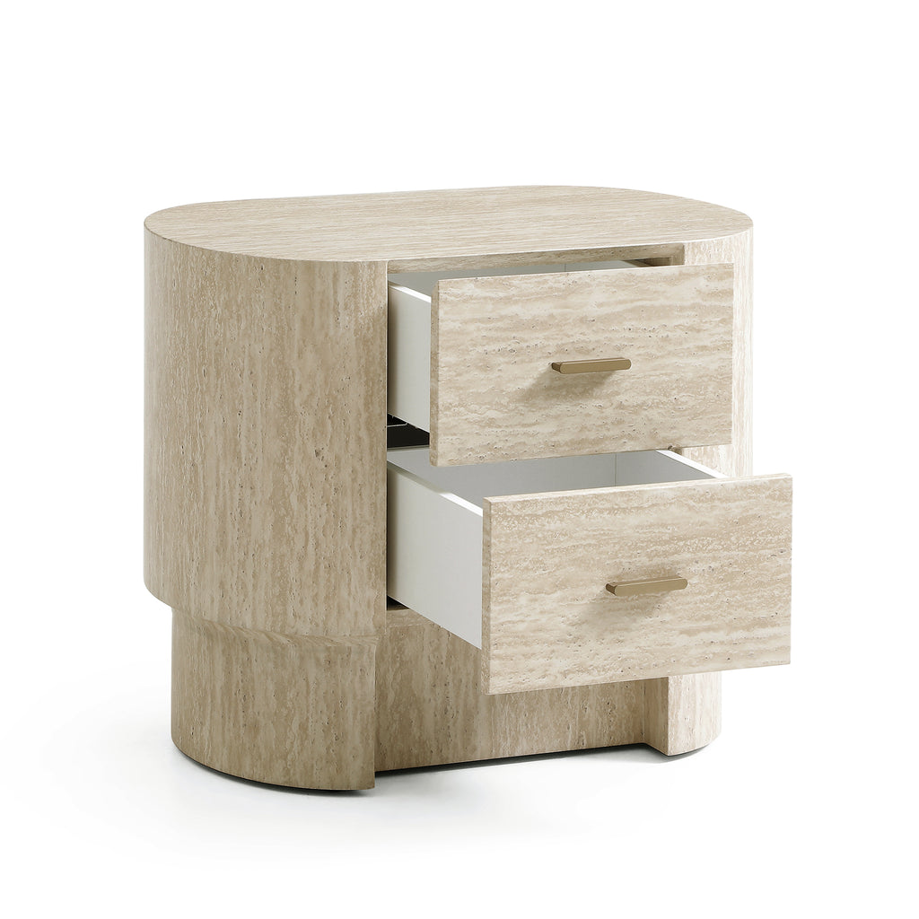Modern Curved Travertine Nightstand with 2 Drawers, Beige Marble-Look Veneer Bedside Table